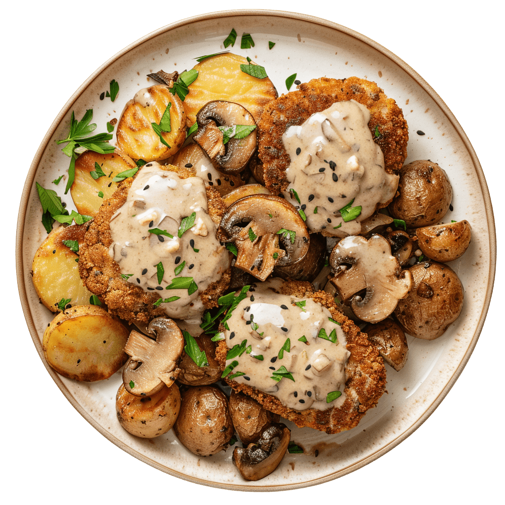 Partyservice Berlin - Schnitzel mit Kartoffeln, Champignons und Rahmsauce