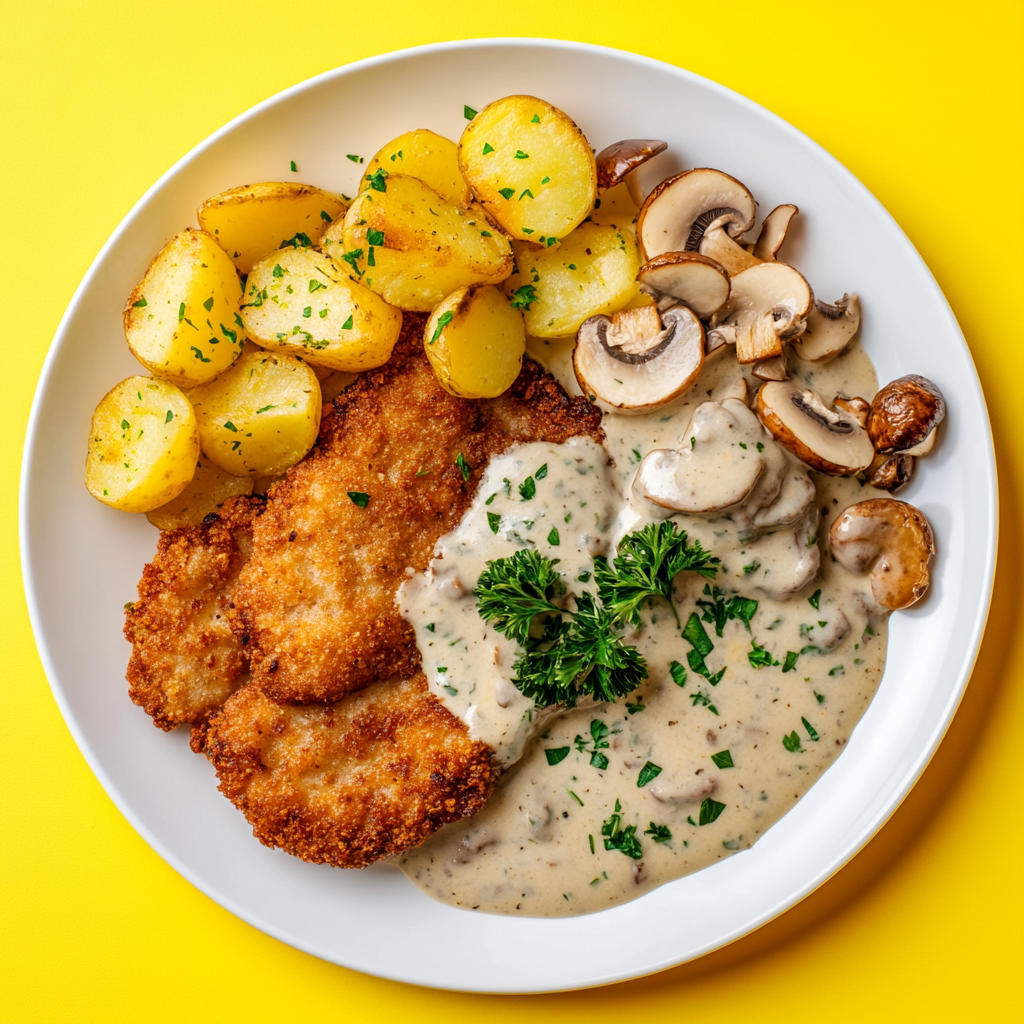 Zarte Kalbsschnitzel mit Salzkartoffeln und Pfifferlingen