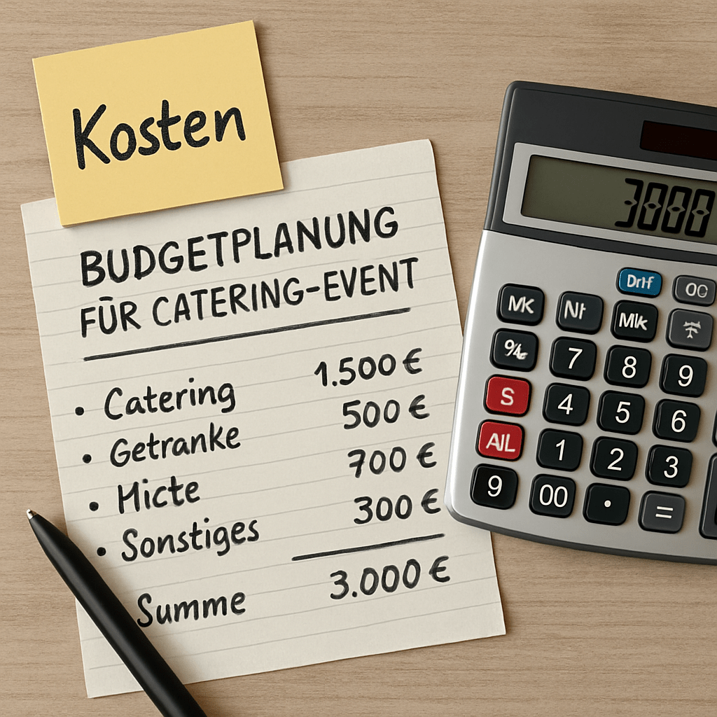 Budgetplanung für Catering-Event mit Taschenrechner und Notizen