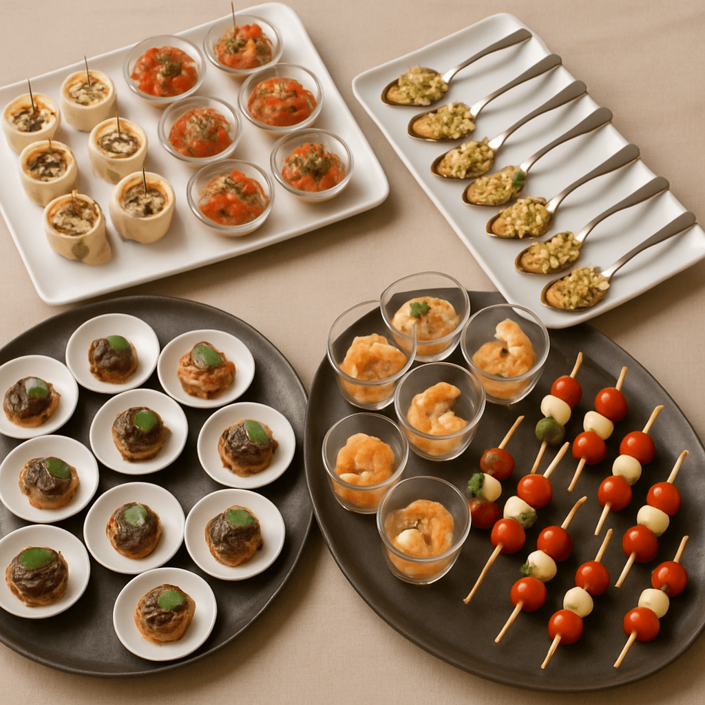 Eine Vielzahl von Flying Buffet Menüs auf eleganten Platten arrangiert