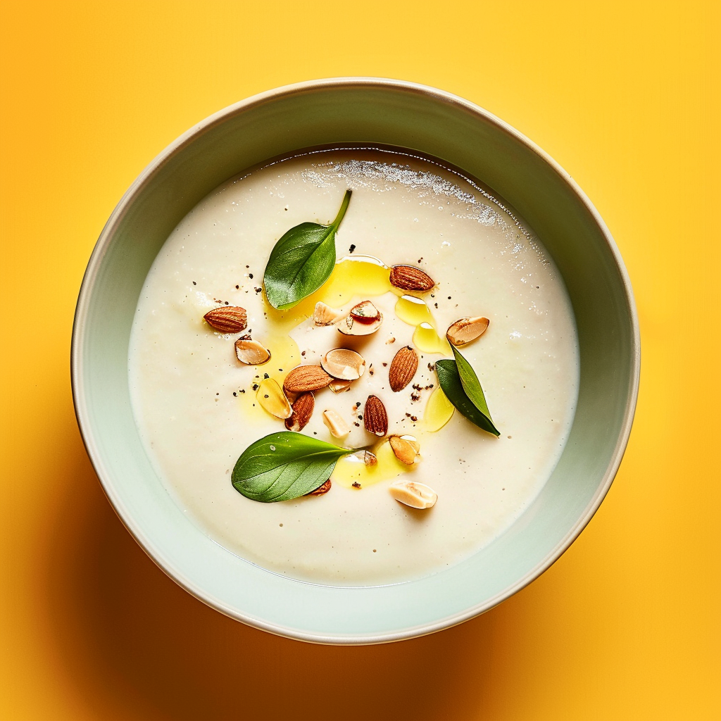 Hausgemachte Bärlauchcremé-Suppe mit gerösteten Mandeln