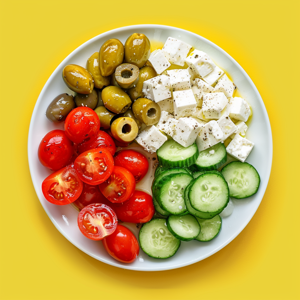 Beilage: Saftige Oliven, Tomaten, knackige Gurke und Feta-Käse