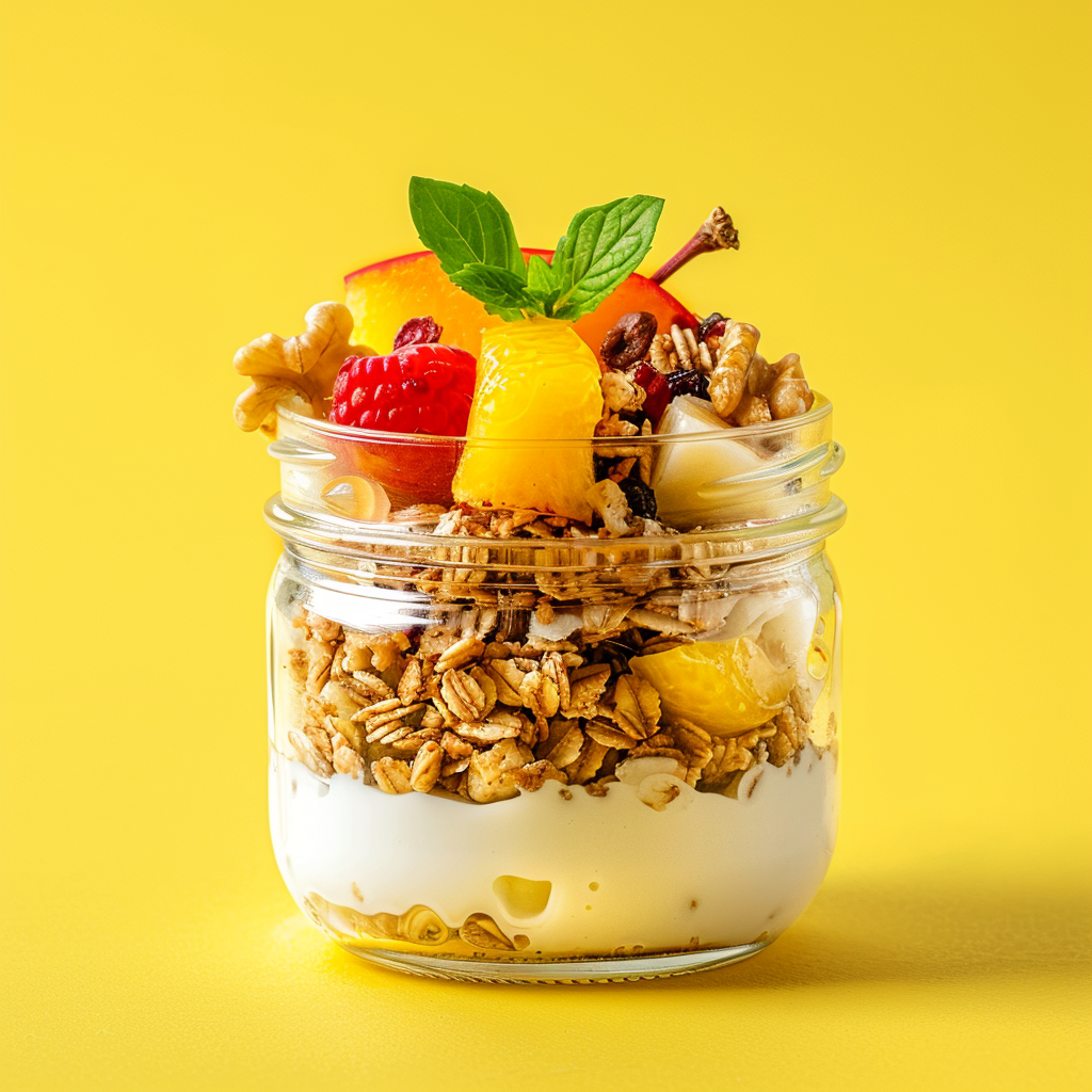 Fruit yogurt with granola, honey and walnuts