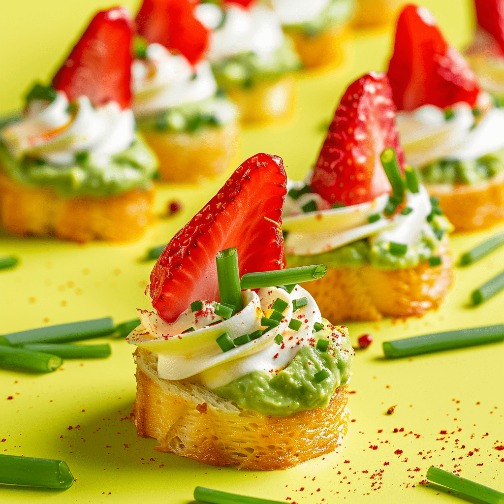 belegte baguettescheiben mit erdbeere und lauchzwiebel sowie pesto fuer catering in pankow