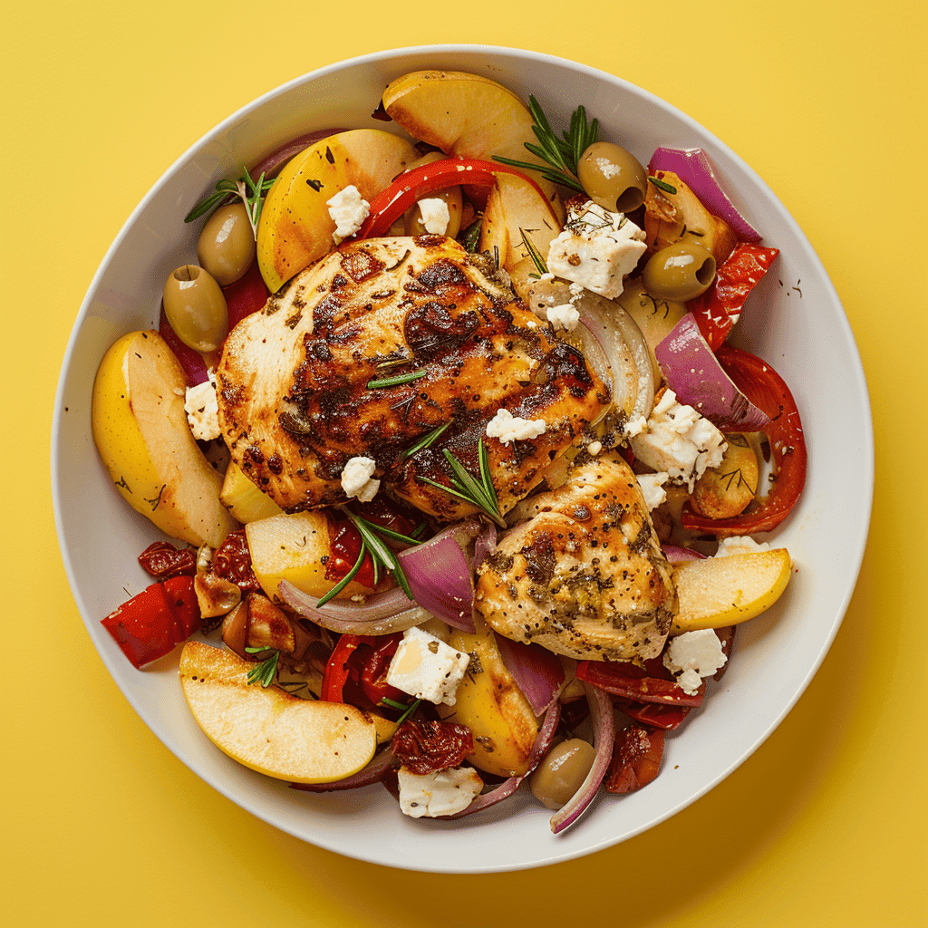 Mediterranes Tellergericht mit gegrilltem Hähnchen, Rosmarinkartoffeln, Gemüse und Feta – Beispiel für warmes Buffet im Event Catering Berlin