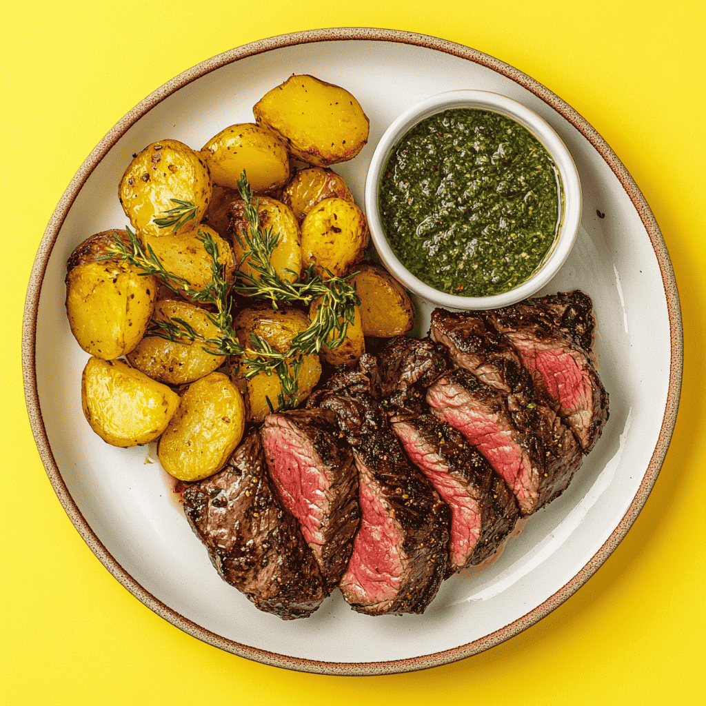 Filmcatering Berlin - Steak mit Kartoffeln und Kräuterpesto frisch vom Grill fuer Filmcrews und Shootings